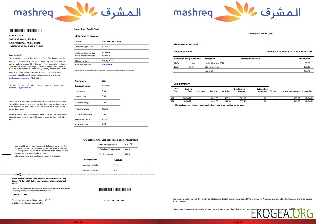 Relevé bancaire EAU Mashreq 4 pages